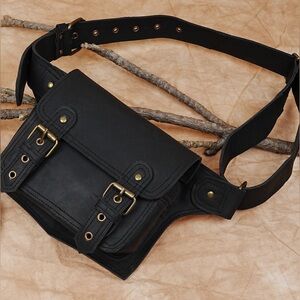 Black Leather Belted Festival Hip Sack, Fanny Pack, BRAND NEW!